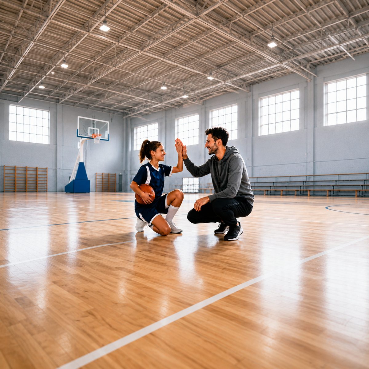 Coach and young basketball player giving a high-five on the court