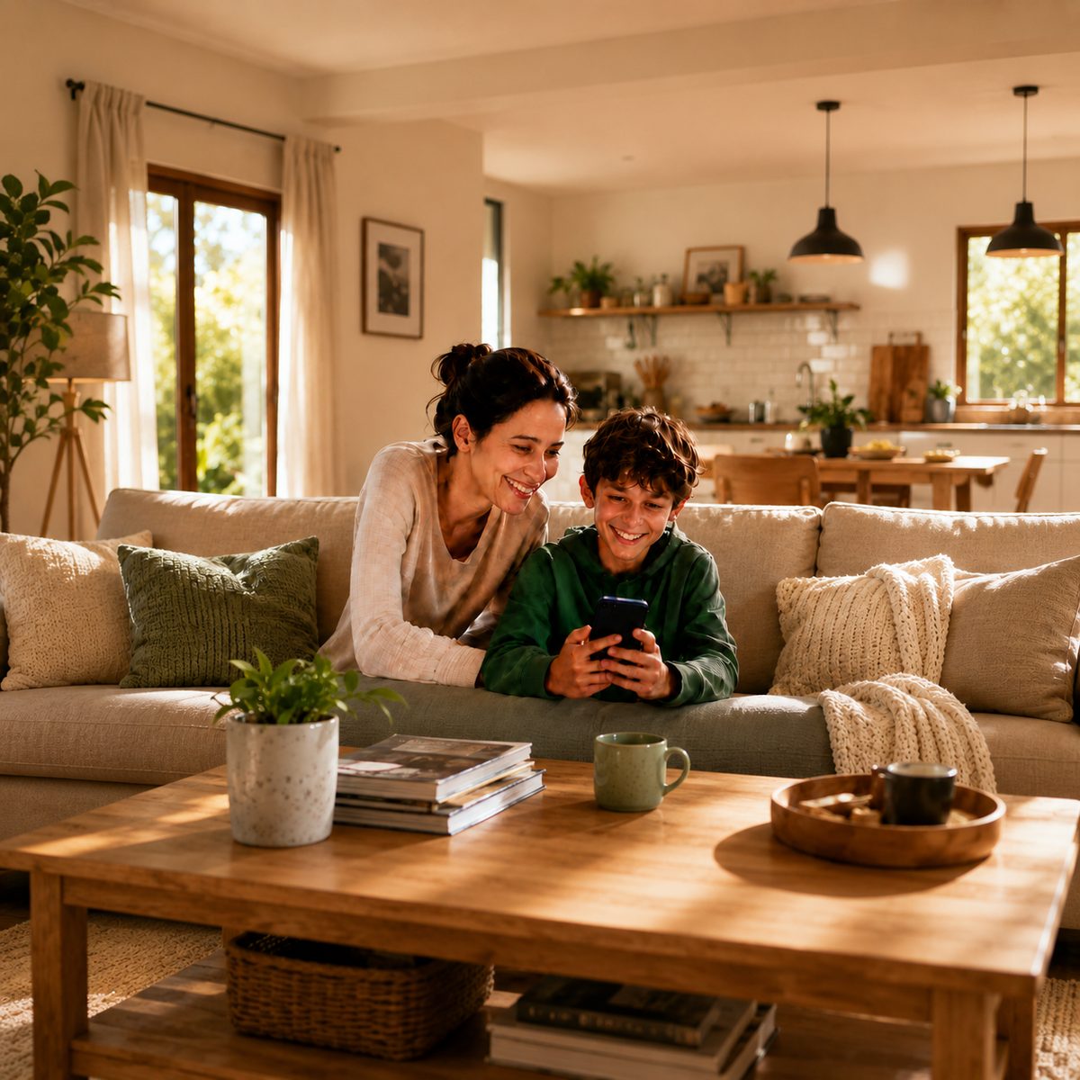 A mother and her teenager looking at a phone in the living room