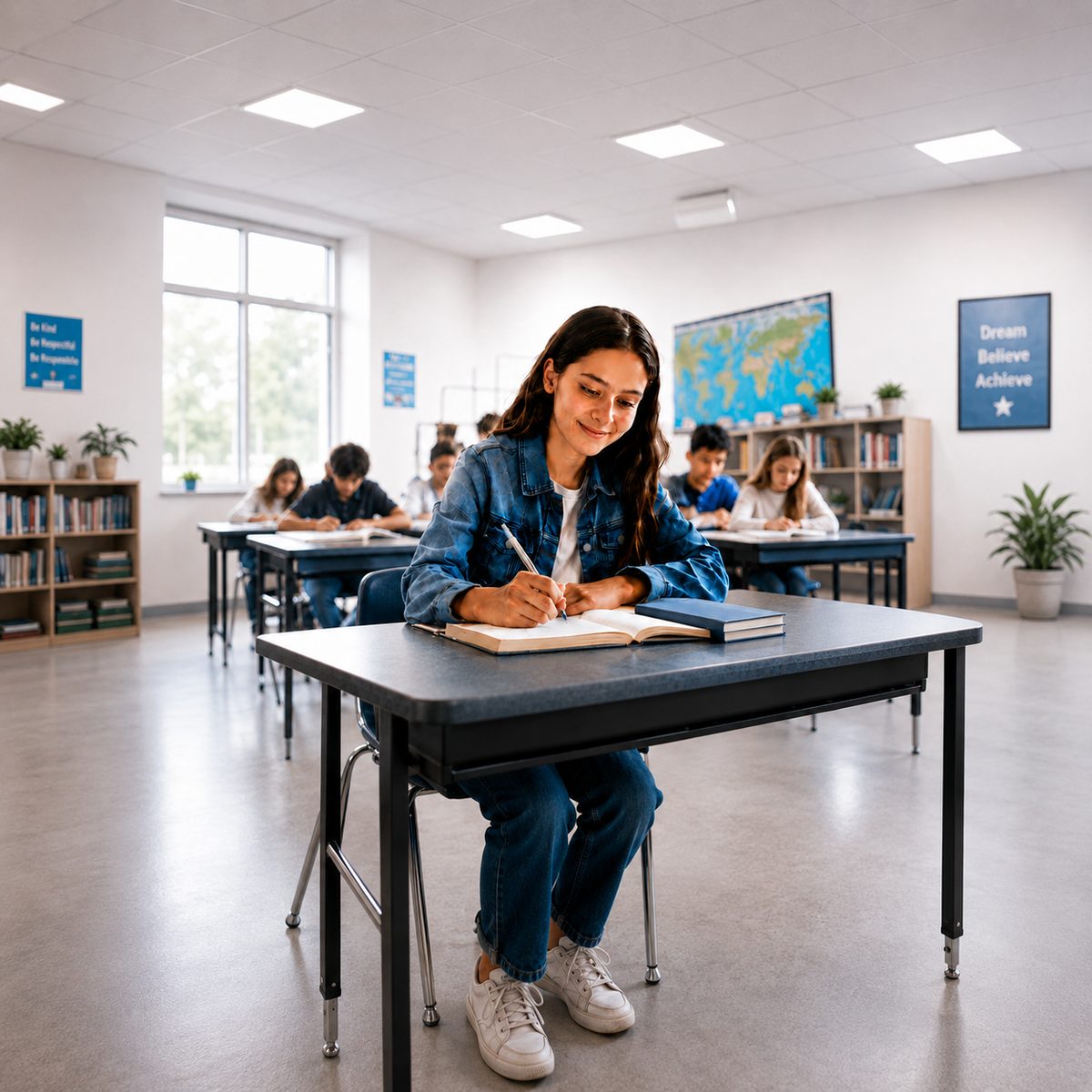 Teenage student writing at her desk in a classroom